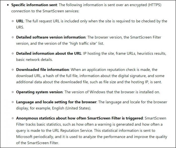 發(fā)送到SmartScreen的信息