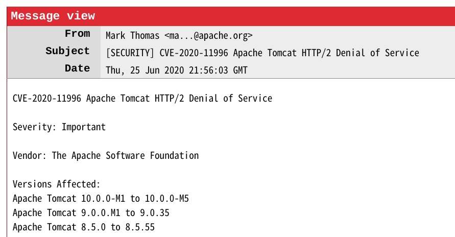 Apache Tomcat HTTP/2 DoS 漏洞,影響多個(gè)版本 Apache Tomcat HTTP/2 DoS 漏洞,影響多個(gè)版本
